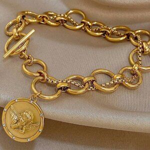 NEW 18K Gold Plated Angel Coin Bracelet – Vintage Chunky Toggle Charm Bracelet
